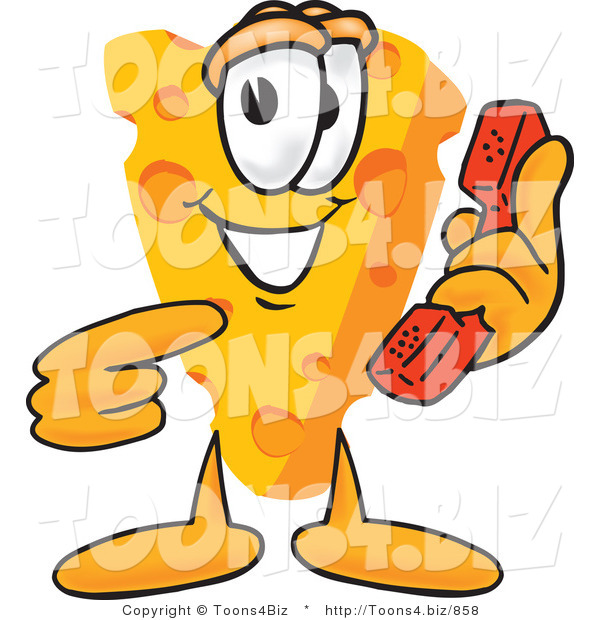 Vector Illustration of a Cartoon Cheese Mascot Pointing to and Holding a Red Phone