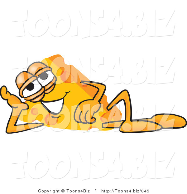 Vector Illustration of a Cartoon Cheese Mascot Resting His Head on His Hand While Lying on His Side
