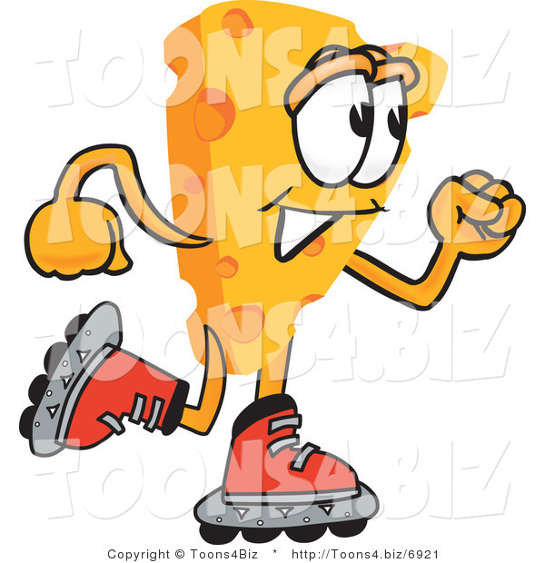 Vector Illustration of a Cartoon Cheese Mascot Roller Blading - Royalty Free Vector Illustration