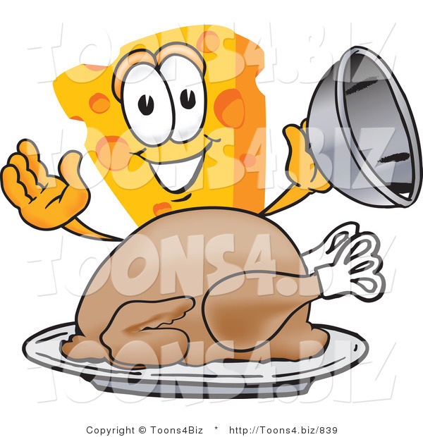 Vector Illustration of a Cartoon Cheese Mascot Serving a Thanksgiving Turkey on a Platter