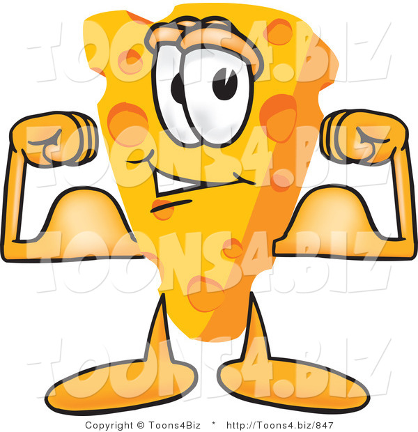 Vector Illustration of a Cartoon Cheese Mascot Showing His Strength by Flexing His Strong Bicep Arm Muscles