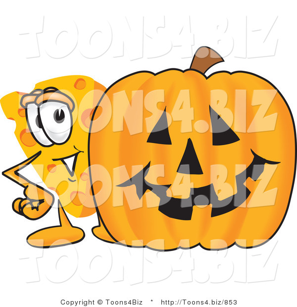 Vector Illustration of a Cartoon Cheese Mascot Standing by a Large Halloween Pumpkin