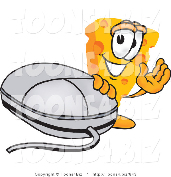 Vector Illustration of a Cartoon Cheese Mascot Waving and Standing by a Computer Mouse