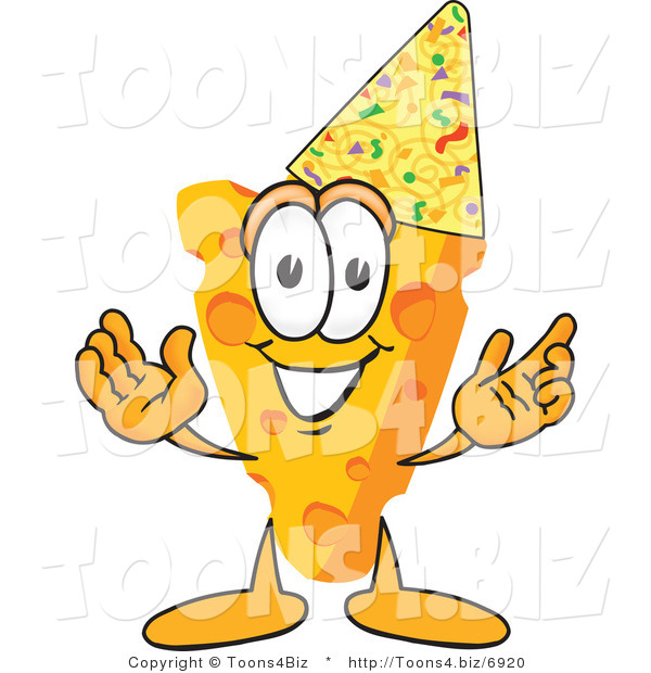 Vector Illustration of a Cartoon Cheese Mascot Wearing a Party Hat - Royalty Free Vector Illustration