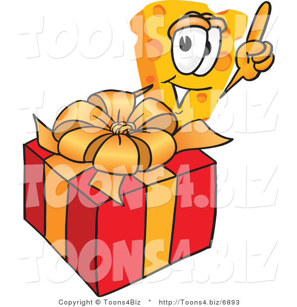 Vector Illustration of a Cartoon Cheese Mascot with a Christmas Gift - Royalty Free Vector Illustration