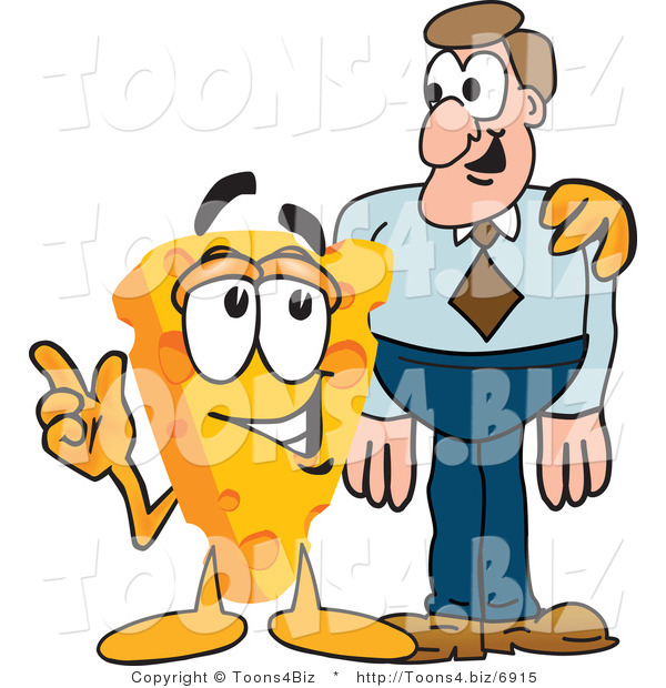 Vector Illustration of a Cartoon Cheese Mascot with a Man - Royalty Free Vector Illustration