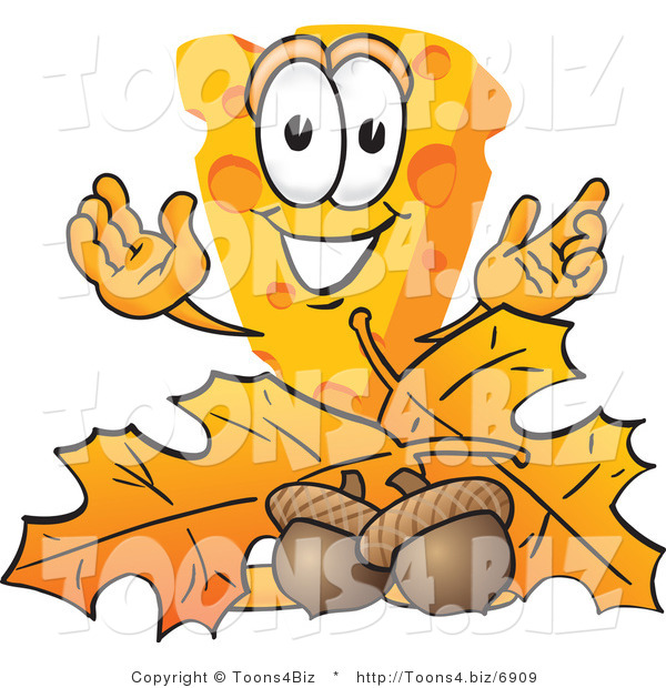 Vector Illustration of a Cartoon Cheese Mascot with Autumn Leaves and Acorns - Royalty Free Vector Illustration