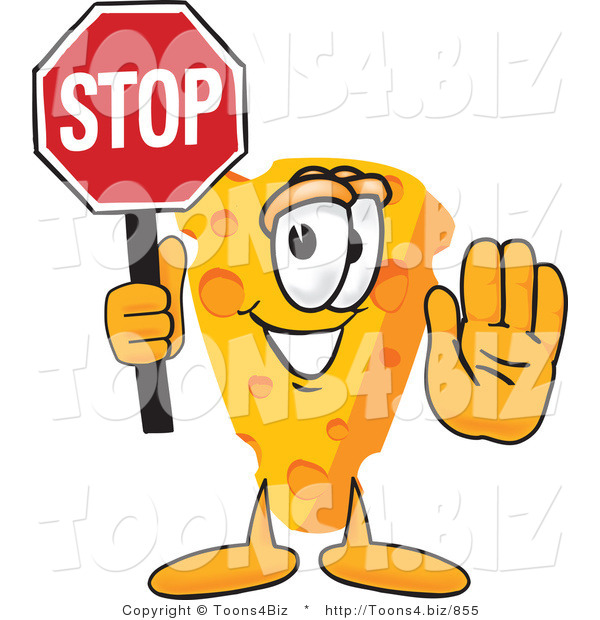 Vector Illustration of a Cartoon Cheese Mascot with His Hand Out, Holding a Stop Sign