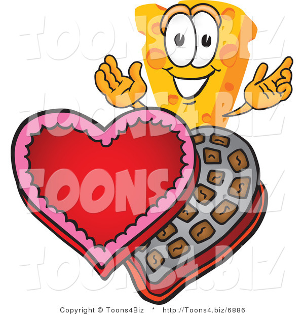 Vector Illustration of a Cartoon Cheese Mascot with Valentines Chocolate - Royalty Free Vector Illustration