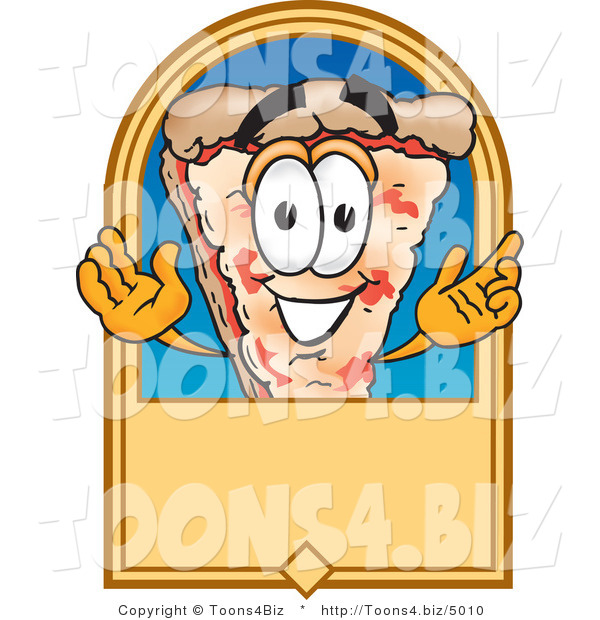 Vector Illustration of a Cartoon Cheese Pizza Mascot on a Blank Tan Label or Sign
