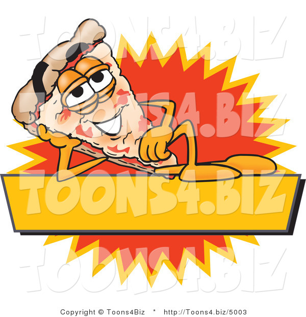 Vector Illustration of a Cartoon Cheese Pizza Mascot Reclining on a Blank Yellow and Orange Label