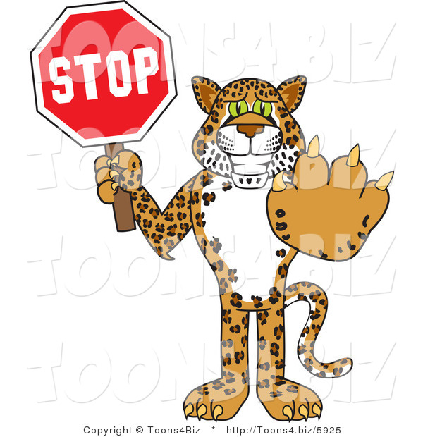 Vector Illustration of a Cartoon Cheetah Mascot Holding a Stop Sign