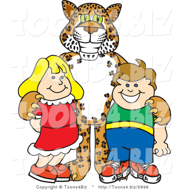 Vector Illustration of a Cartoon Cheetah Mascot with School Children