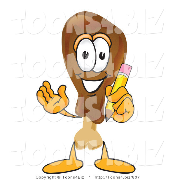 Vector Illustration of a Cartoon Chicken Drumstick Mascot Holding a Pencil