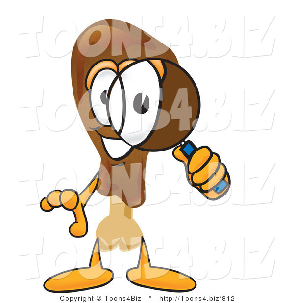 Vector Illustration of a Cartoon Chicken Drumstick Mascot Looking Through a Magnifying Glass