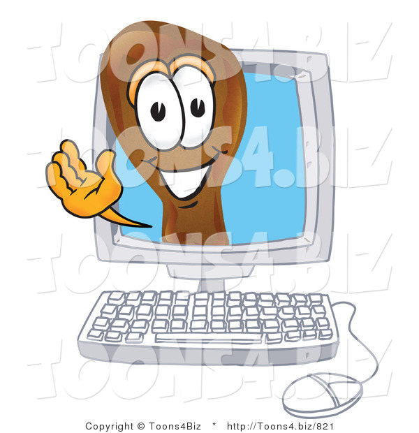 Vector Illustration of a Cartoon Chicken Drumstick Mascot Waving from Inside a Computer Screen