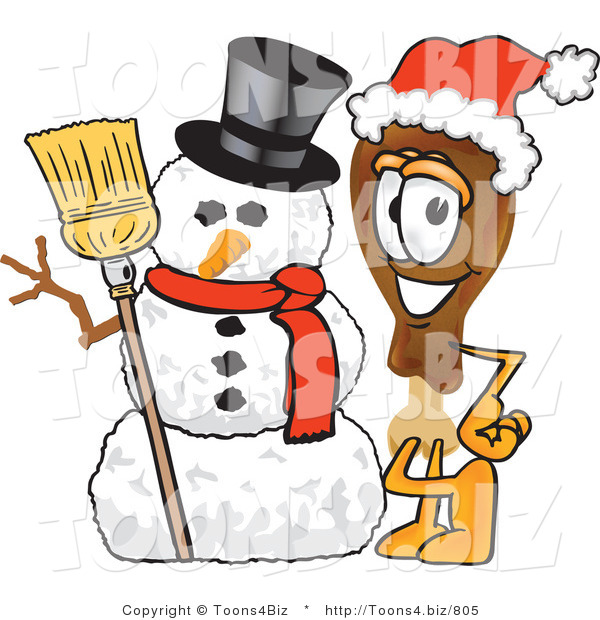 Vector Illustration of a Cartoon Chicken Drumstick Mascot with a Snowman on Christmas