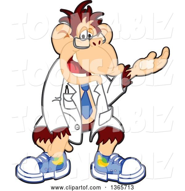 Vector Illustration of a Cartoon Chimpanzee Monkey Scientist Mascot with Presenting Hand Gesture