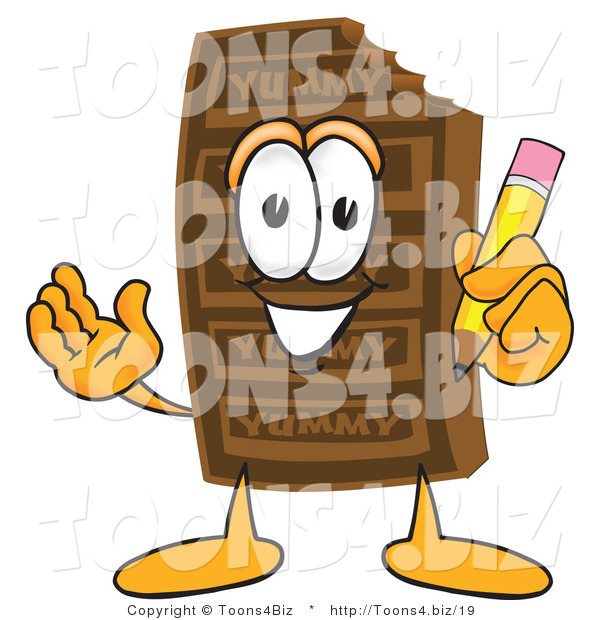 Vector Illustration of a Cartoon Chocolate Mascot Holding a Pencil