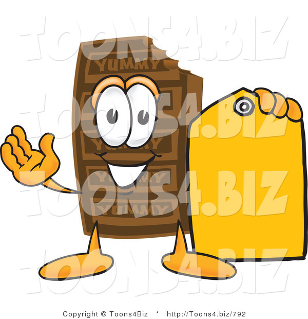 Vector Illustration of a Cartoon Chocolate Mascot Holding a Yellow Sales Price Tag