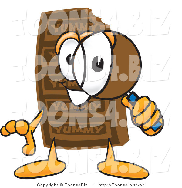 Vector Illustration of a Cartoon Chocolate Mascot Looking Through a Magnifying Glass