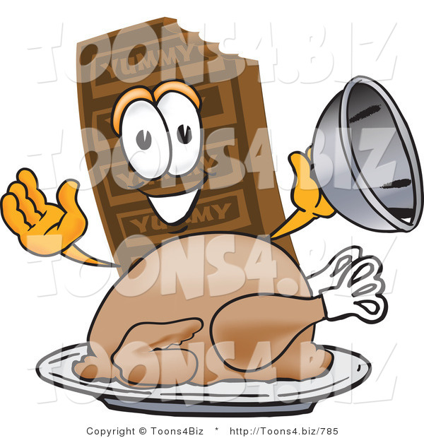 Vector Illustration of a Cartoon Chocolate Mascot Serving a Thanksgiving Turkey on a Platter