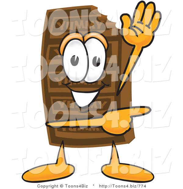 Vector Illustration of a Cartoon Chocolate Mascot Waving and Pointing