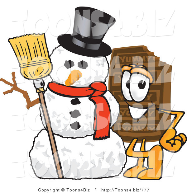 Vector Illustration of a Cartoon Chocolate Mascot with a Snowman on Christmas