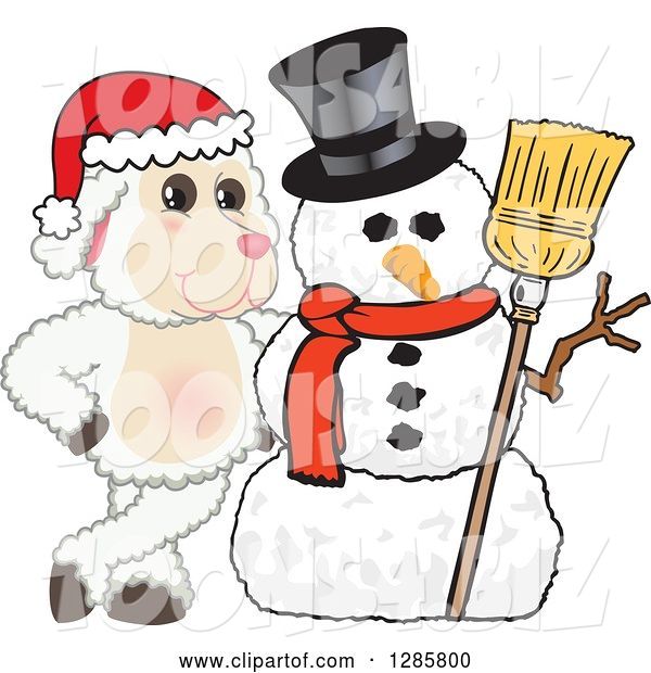 Vector Illustration of a Cartoon Christmas Lamb Mascot with a Winter Snowman