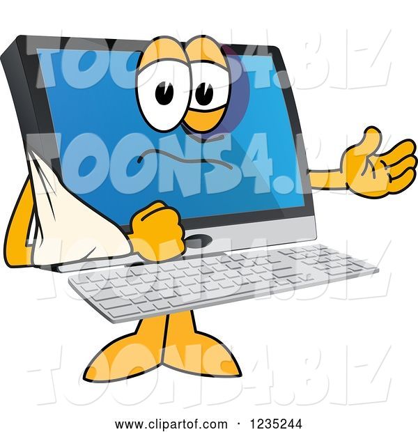 Vector Illustration of a Cartoon Clipart of a | Beat up PC Computer Mascot with His Arm in a Sling| Royalty Free Vector Illustration