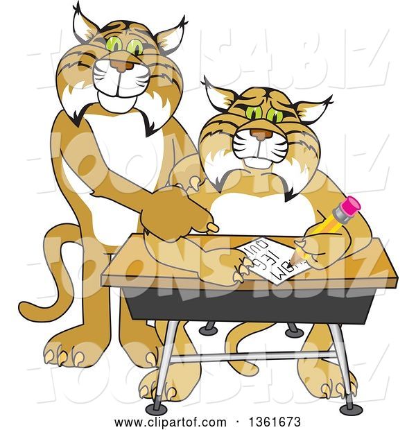 Vector Illustration of a Cartoon Compassionate Bobcat Mascot Tutoring a Worried Student
