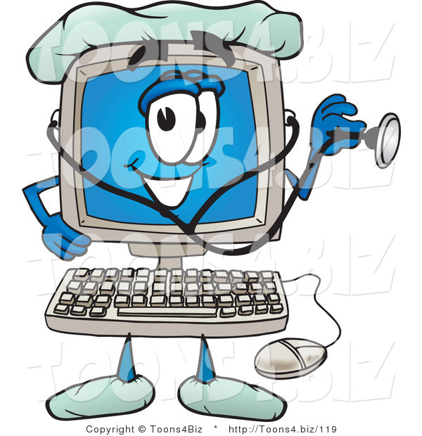 Vector Illustration of a Cartoon Computer Mascot Doctor Holding a Stethoscope