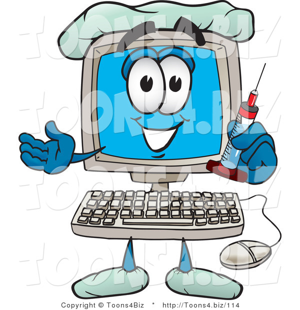 Vector Illustration of a Cartoon Computer Mascot Holding a Syringe