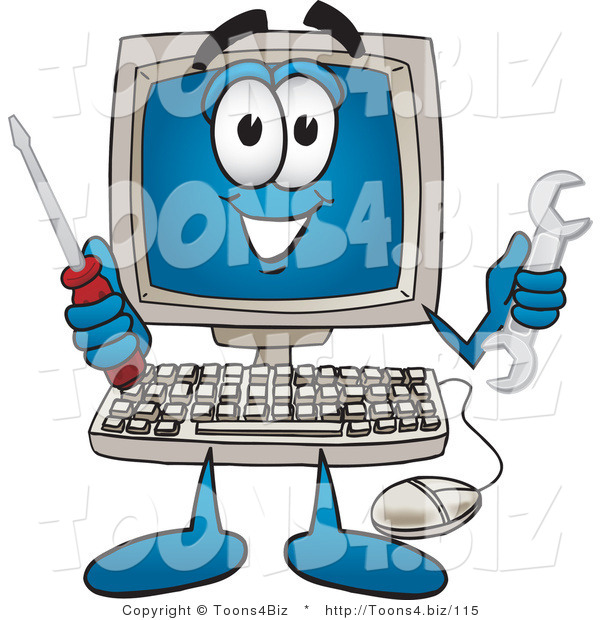 Vector Illustration of a Cartoon Computer Mascot Holding a Wrench and Screwdriver