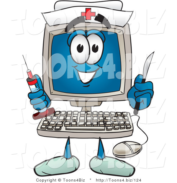 Vector Illustration of a Cartoon Computer Mascot Nurse with a Knife and Syringe