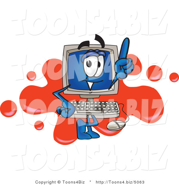 Vector Illustration of a Cartoon Computer Mascot Standing in Front of a Red Paint Splatter on a Logo