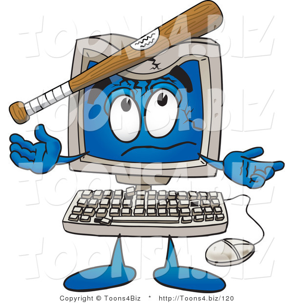 Vector Illustration of a Cartoon Computer Mascot with a Baseball Bat Crashing Its Screen