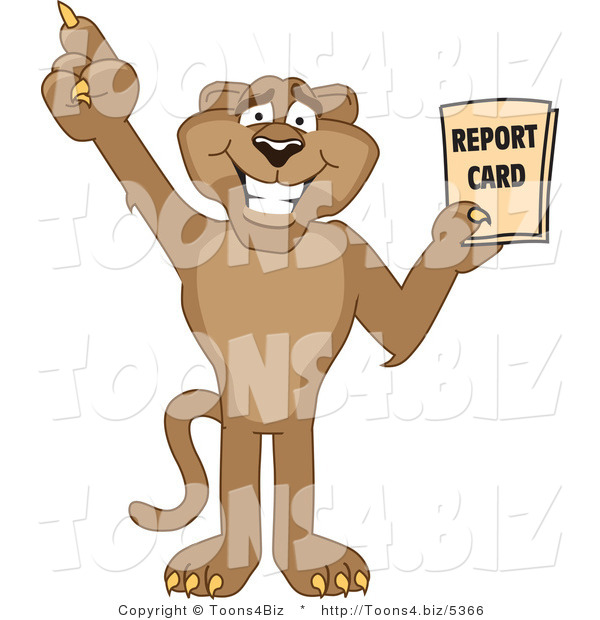 Vector Illustration of a Cartoon Cougar Mascot Character Holding a Report Card