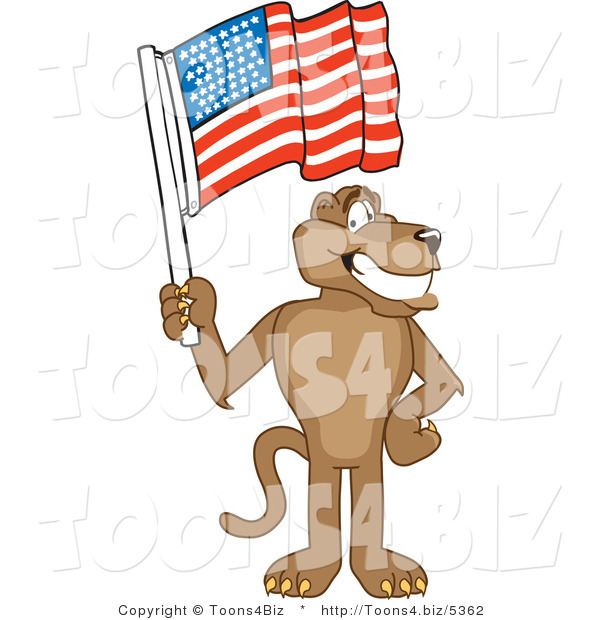 Vector Illustration of a Cartoon Cougar Mascot Character Waving an American Flag
