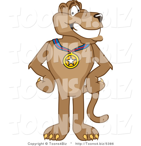 Vector Illustration of a Cartoon Cougar Mascot Character Wearing a Medal