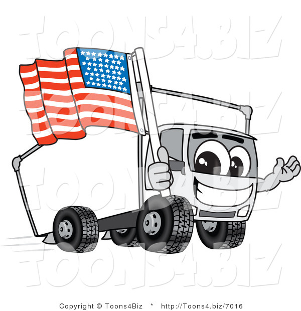 Vector Illustration of a Cartoon Delivery Truck Mascot Holding an American Flag