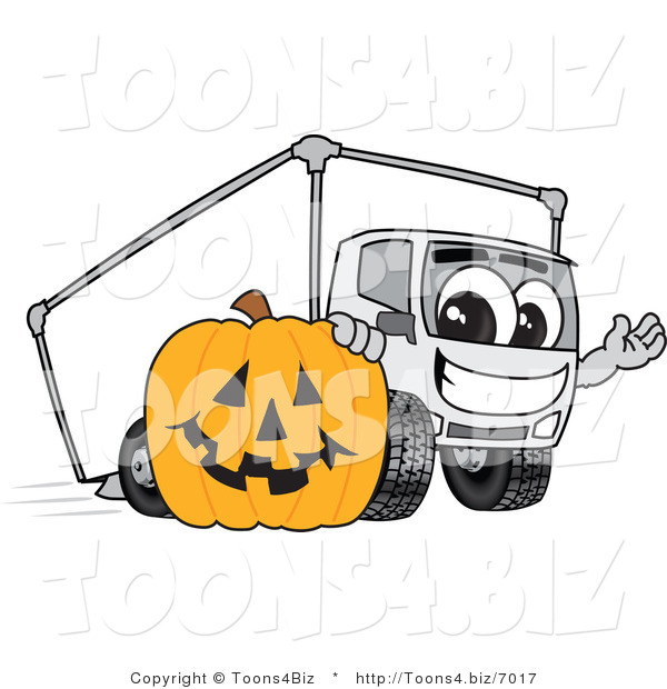 Vector Illustration of a Cartoon Delivery Truck Mascot with a Halloween Pumpkin