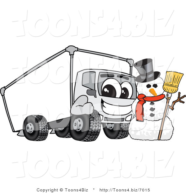 Vector Illustration of a Cartoon Delivery Truck Mascot with a Snowman