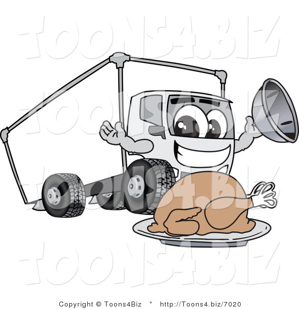 Vector Illustration of a Cartoon Delivery Truck Mascot with a Thanksgiving Turkey