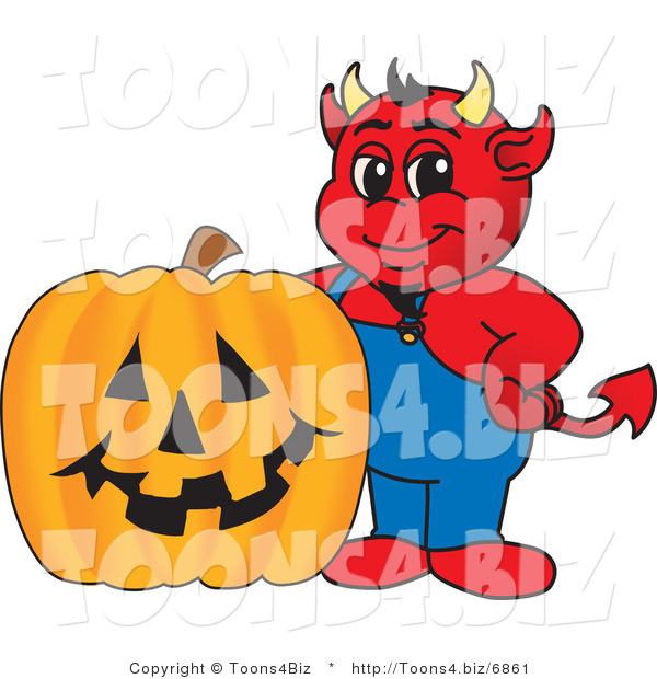 Vector Illustration of a Cartoon Devil Mascot and Halloween Pumpkin