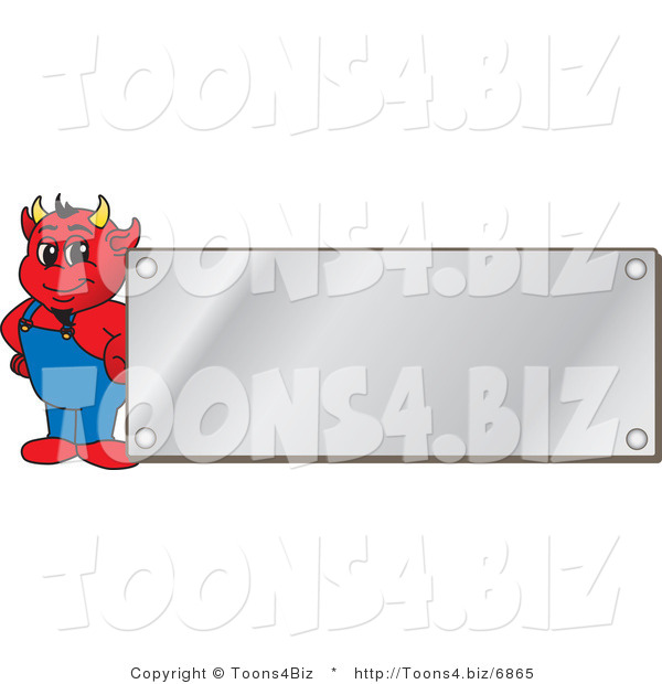 Vector Illustration of a Cartoon Devil Mascot by a Silver Plaque