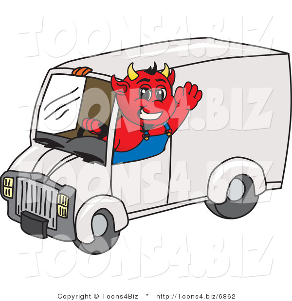 Vector Illustration of a Cartoon Devil Mascot Driving a Delivery Van