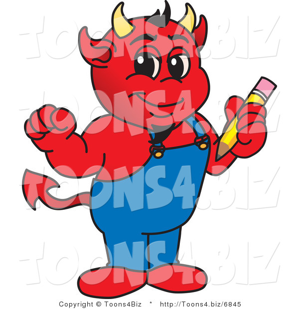 Vector Illustration of a Cartoon Devil Mascot Holding a Pencil