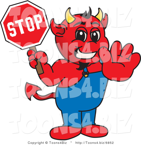Vector Illustration of a Cartoon Devil Mascot Holding a Stop Sign