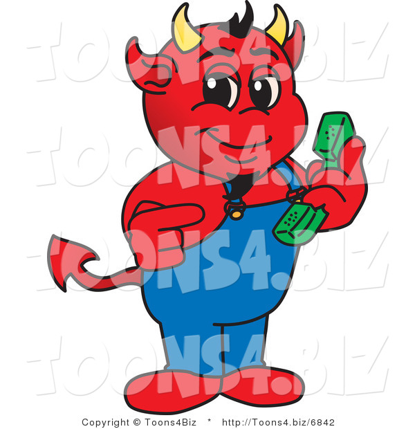 Vector Illustration of a Cartoon Devil Mascot Holding a Telephone